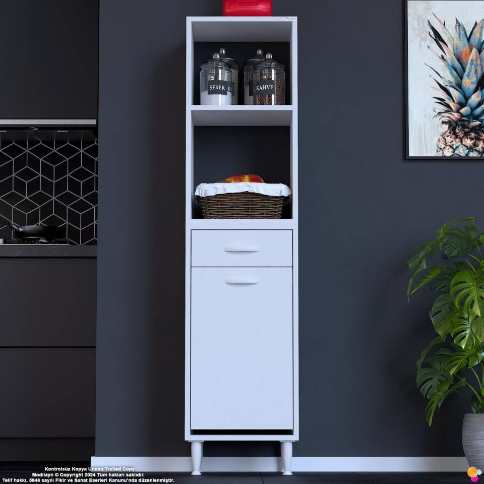 Vela 45 cm Sepetli Çok Amaçlı Açık 2 Raflı Tek Çekmeceli Mutfak Kiler Banyo Dolabı 45x163x32 cm