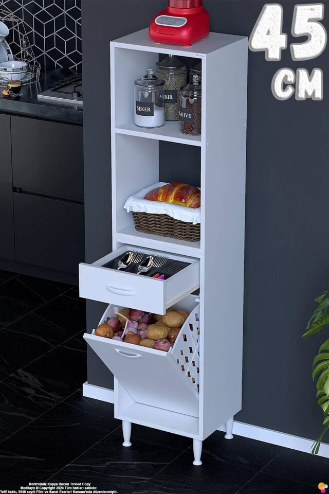Vela 45 cm Sepetli Çok Amaçlı Açık 2 Raflı Tek Çekmeceli Mutfak Kiler Banyo Dolabı 45x163x32 cm