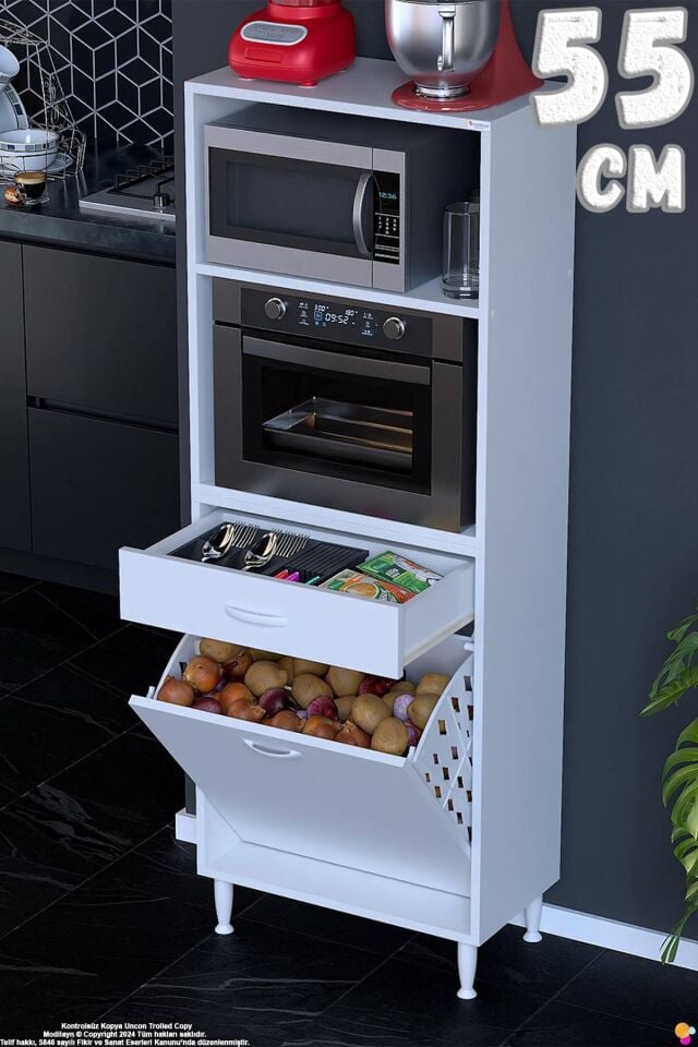 Vela 55 cm Fırın Dolabı Açık 2 Raflı Tek Çekmece Sepetli Çok Amaçlı Mutfak Kiler Dolabı 55x163x32 cm