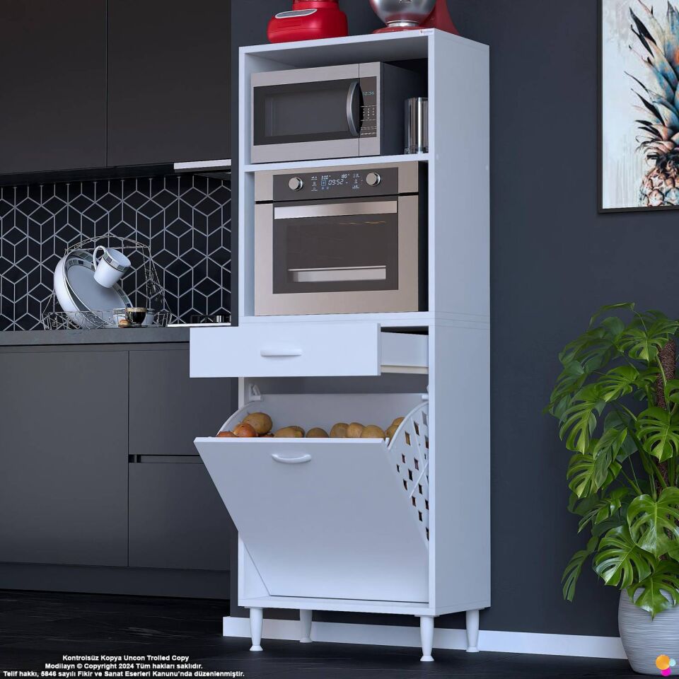Vela 60 cm Fırın Dolabı Açık 2 Raflı Tek Çekmece Sepetli Çok Amaçlı Mutfak Kiler Dolabı 60x163x32 cm