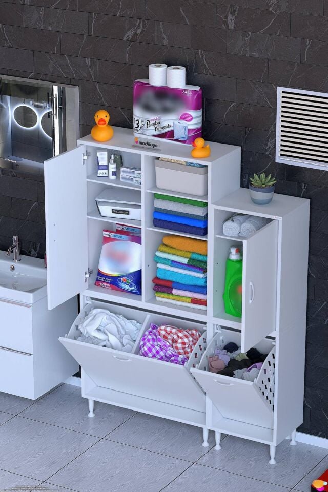 Liva 130 cm Modüler Dolap Çift Sepetli Dolap Banyo ve Kiler Dolabı Beyaz ((85+45)x160x32,5 cm)