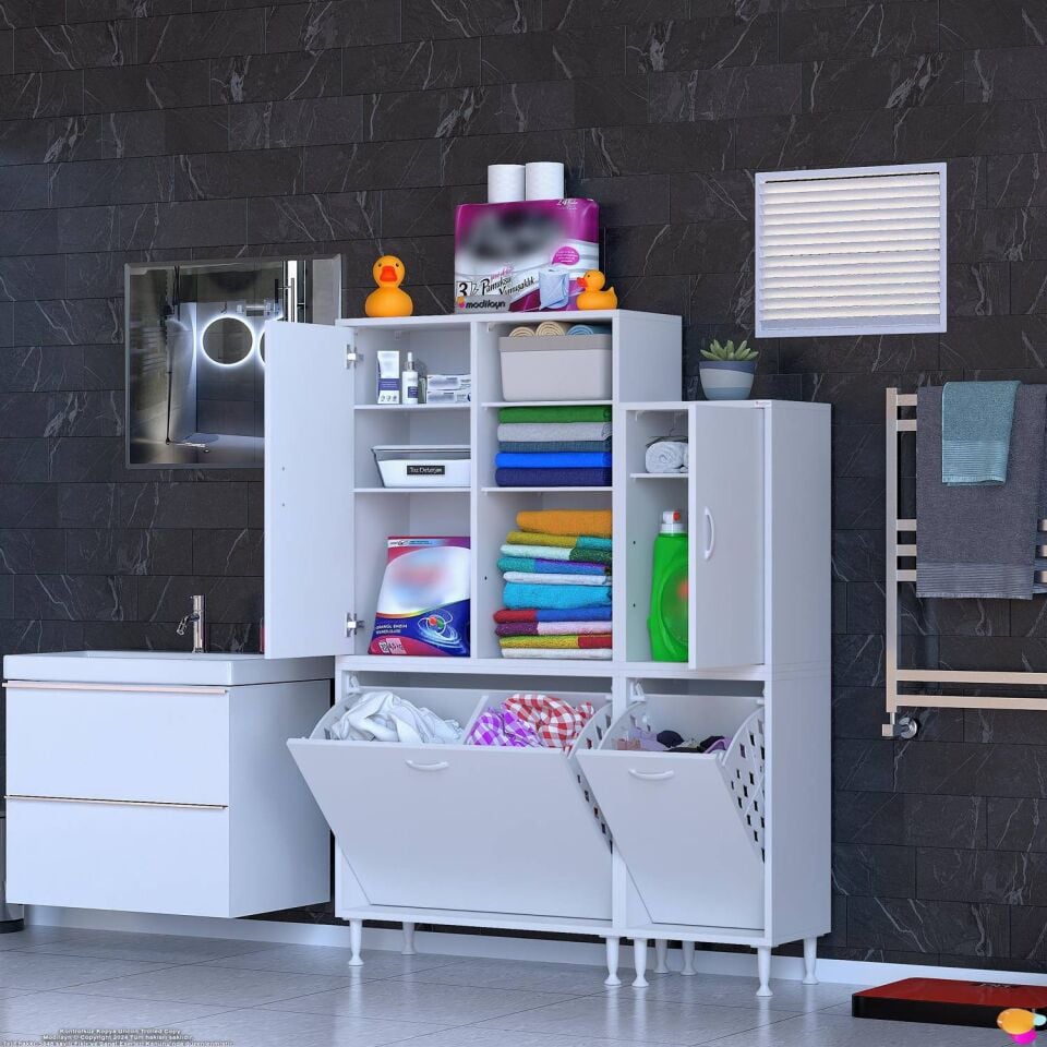 Liva 135 cm Modüler Dolap Çift Sepetli Dolap Banyo ve Kiler Dolabı Beyaz ((85+50)x160x32,5 cm)