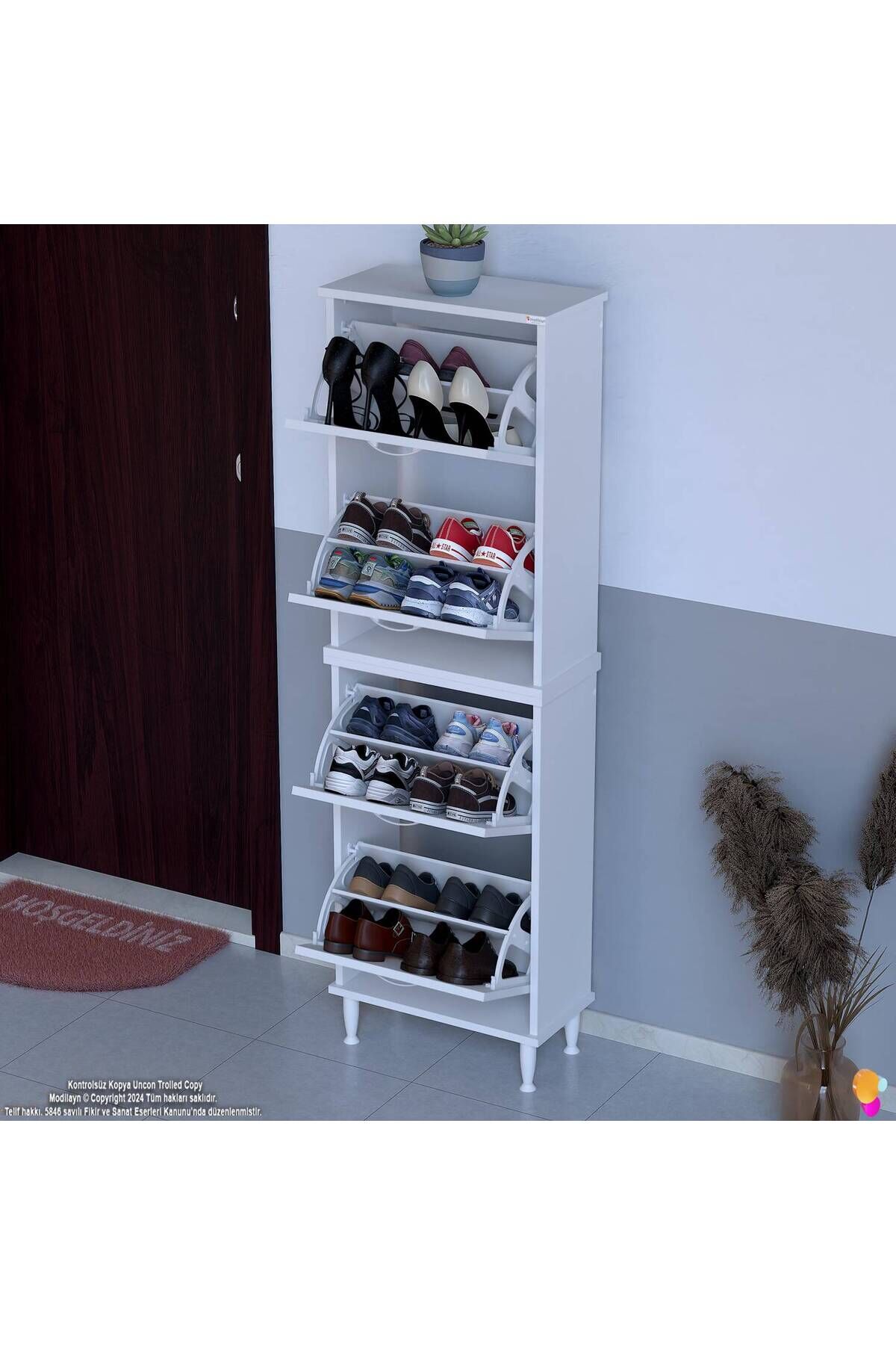 Elenio 52 cm Genişlik Beyaz Renk Ayaklı 4 Kapaklı Ayakkabılık 52x168x26 cm Ayakkabılık