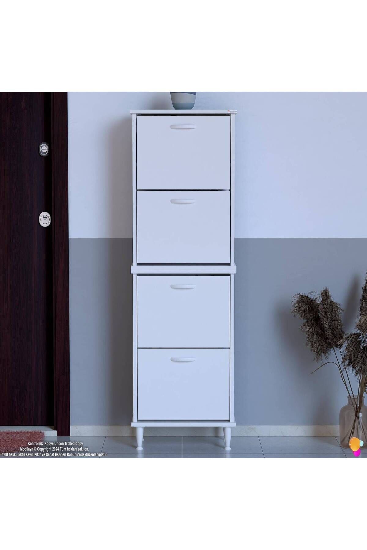 Elenio 52 cm Genişlik Beyaz Renk Ayaklı 4 Kapaklı Ayakkabılık 52x168x26 cm Ayakkabılık