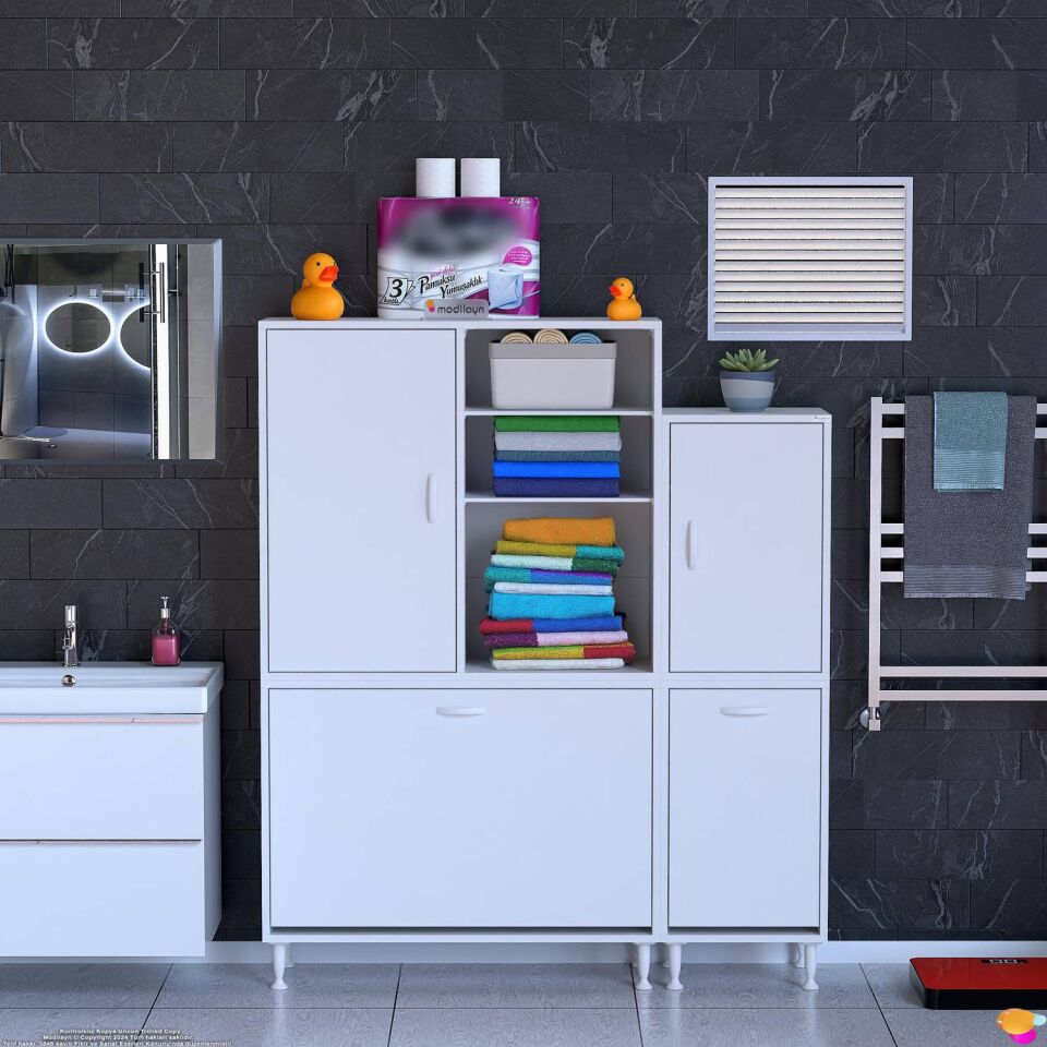 Miraç 135 cm Beyaz Çok Amaçlı Dikey Banyo ve Kiler Dolabı ((90+45)x160x32,5 cm)