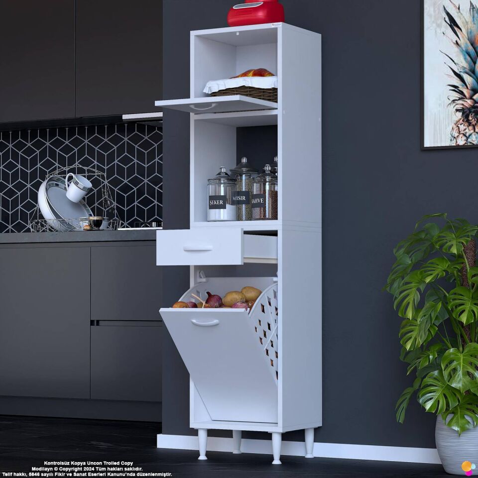 Meva 35 cm Sepetli Çok Amaçlı Beyaz Mutfak Kiler Banyo Dolabı 35x163x32 cm