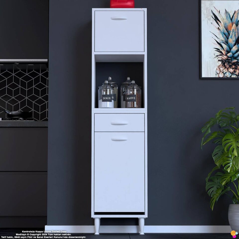 Meva 35 cm Sepetli Çok Amaçlı Beyaz Mutfak Kiler Banyo Dolabı 35x163x32 cm