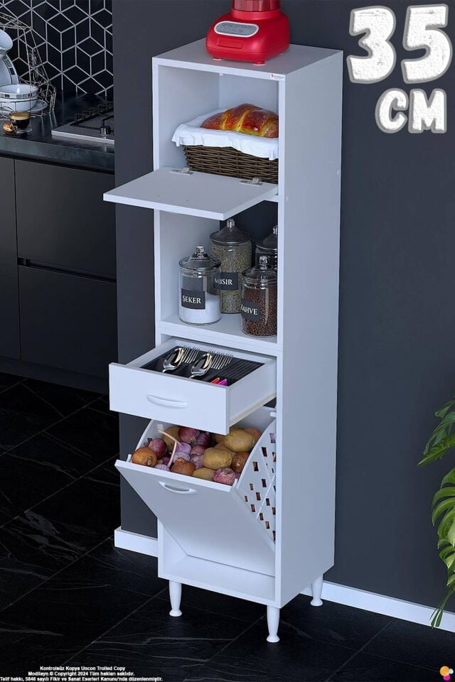Meva 35 cm Sepetli Çok Amaçlı Beyaz Mutfak Kiler Banyo Dolabı 35x163x32 cm