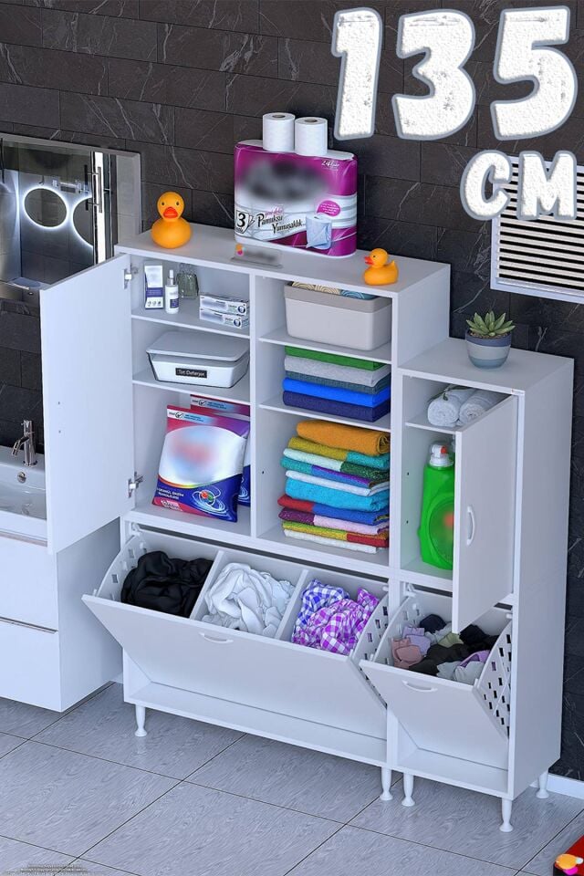 Lara 135 cm Kirli Sepetli Banyo ve Kiler Dolabı  Çok Amaçlı Dikey Dolap Beyaz ((95+40)x160x32,5 cm