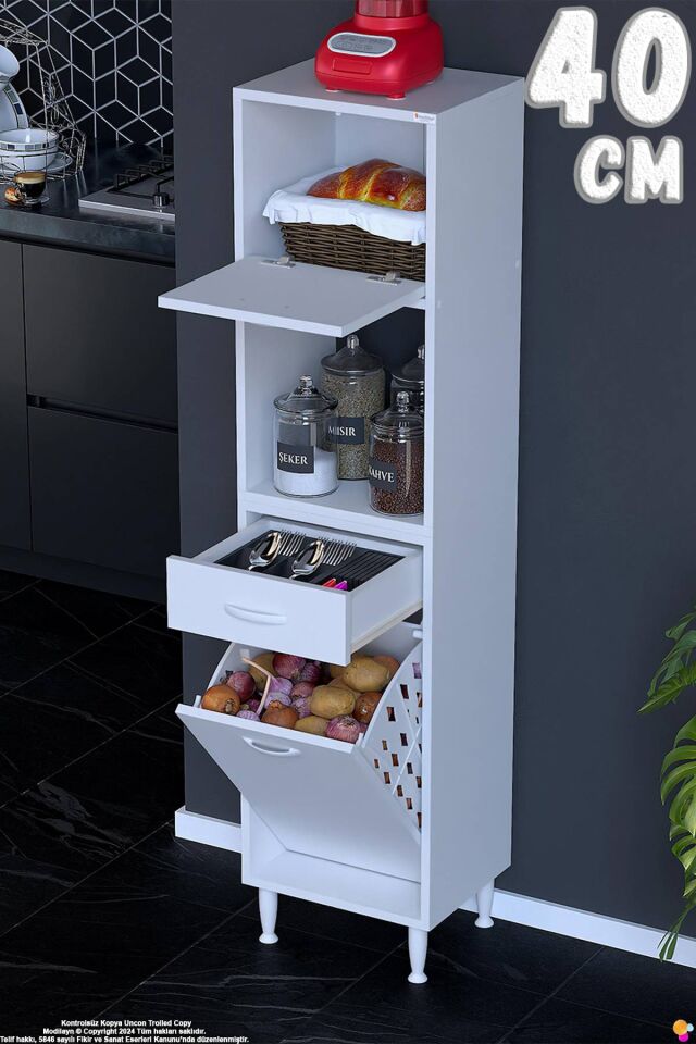 Meva 40 cm Sepetli Çok Amaçlı Beyaz Mutfak Kiler Banyo Dolabı 40x163x32 cm