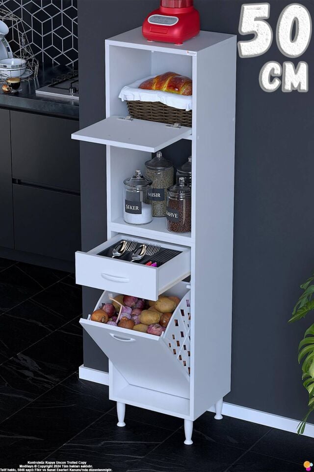 Meva 50 cm Sepetli Çok Amaçlı Beyaz Mutfak Kiler Banyo Dolabı 50x163x32 cm