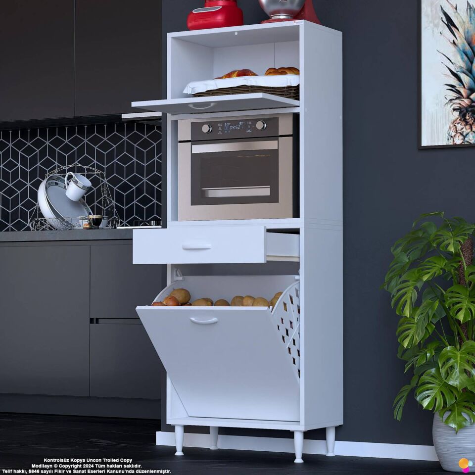 Meva 55 cm Çekmeceli Fırın Dolabı Sepetli Çok Amaçlı Mutfak Kiler Oyuncak Banyo Dolabı 55x163x32 cm