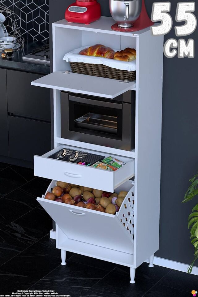 Meva 55 cm Çekmeceli Fırın Dolabı Sepetli Çok Amaçlı Mutfak Kiler Oyuncak Banyo Dolabı 55x163x32 cm