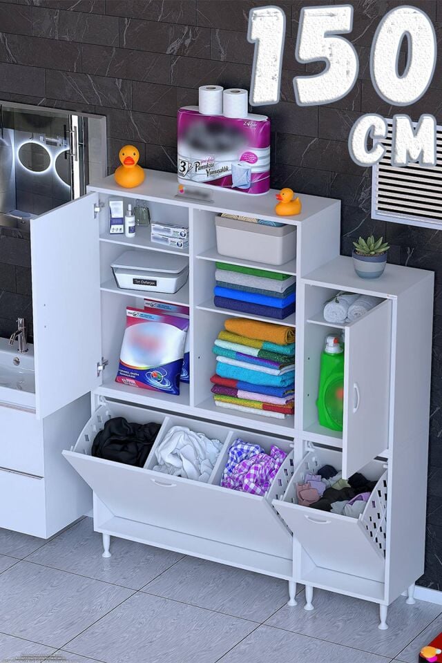 Ara 150 cm Çok Amaçlı Üç Bölmeli Sepetli Yüksek Banyo ve Kiler Dolabı Beyaz ((100+50)x160x32,5 cm)