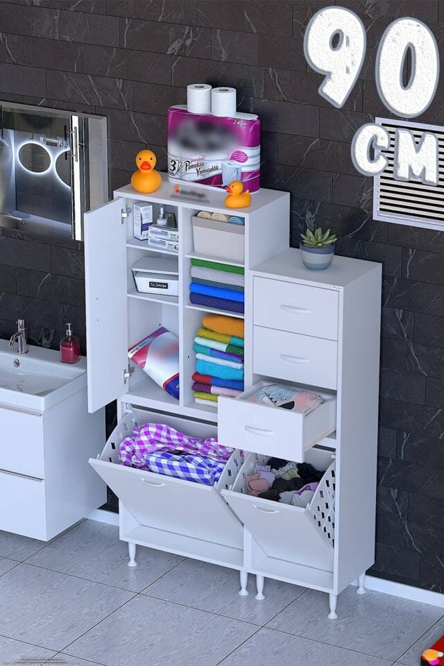 Aven 90 cm Çekmeceli ve Sepetli Çok Amaçlı Dikey Banyo ve Mutfak Dolabı Beyaz ((55+35)x160x32,5 cm)