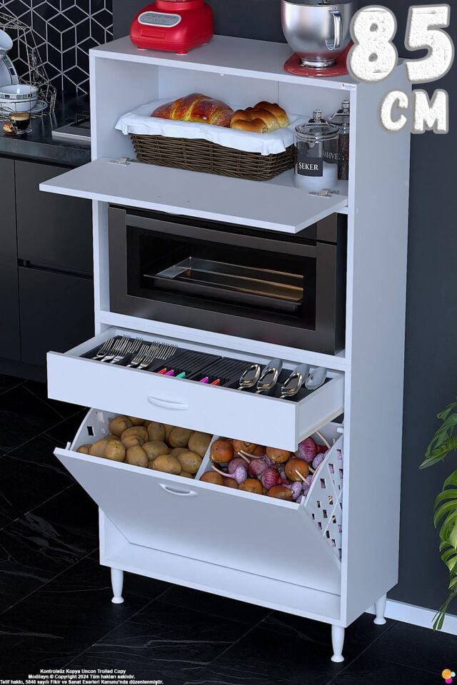 Meva 85 cm Çekmeceli Fırın Dolabı Sepetli Çok Amaçlı Mutfak Kiler Oyuncak Banyo Dolabı 85x163x32 cm