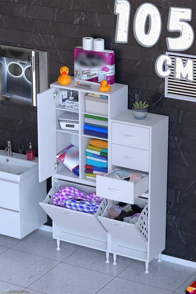 Aven 105 cm Çekmeceli ve Sepetli Çok Amaçlı Dikey Banyo ve Mutfak Dolabı Beyaz ((55+50)x160x32,5 cm)