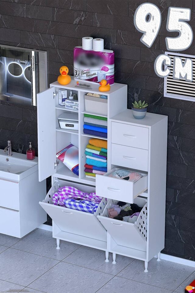 Atlas 95 cm Sepetli Çekmeceli Banyo ve Kiler Dolabı Beyaz ((60+35)x160x32,5 cm)