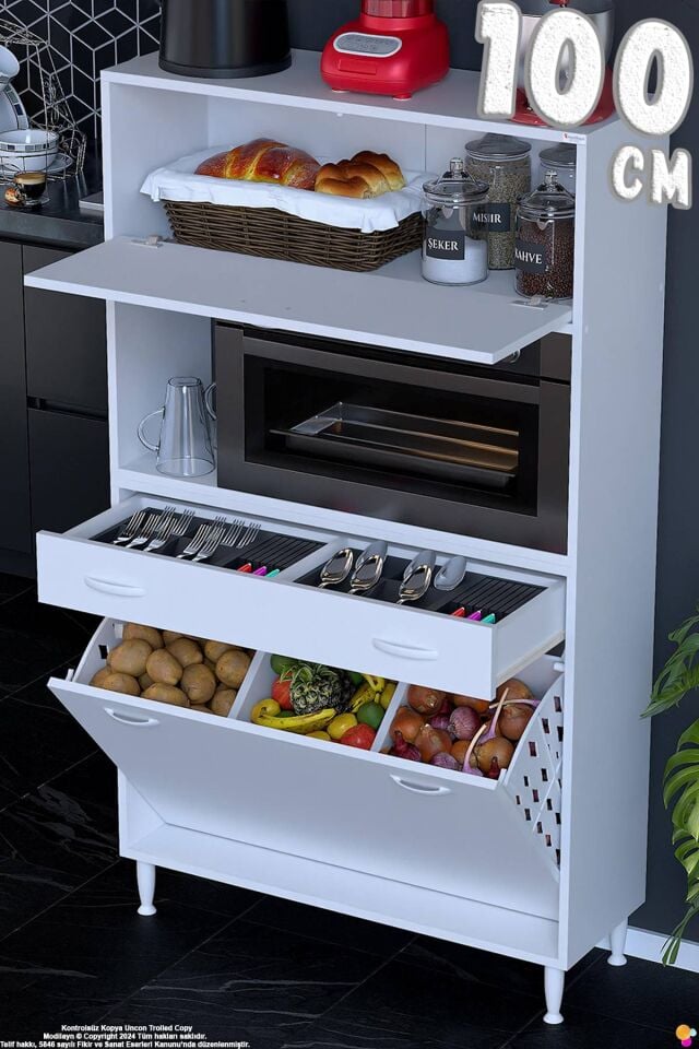 Meva 100 cm Çekmeceli Fırın Dolabı Sepetli Çok Amaçlı Mutfak Kiler Oyuncak Banyo Dolabı 100x163x32cm