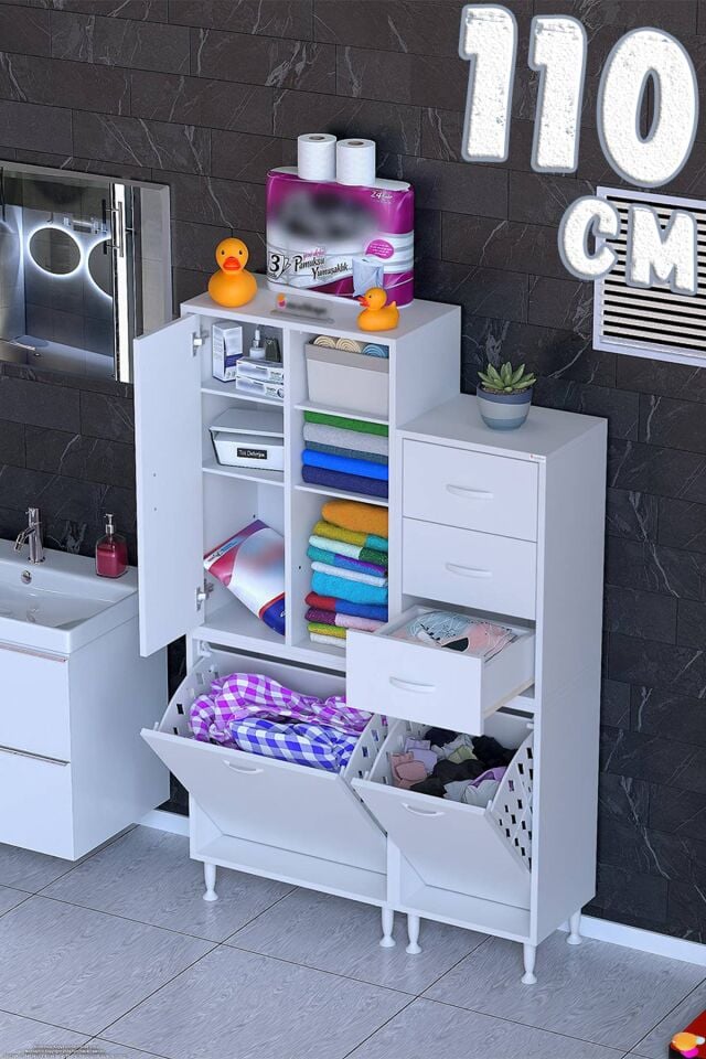Atlas 110 cm Sepetli Çekmeceli Banyo ve Kiler Dolabı Beyaz ((60+50)x160x32,5 cm)