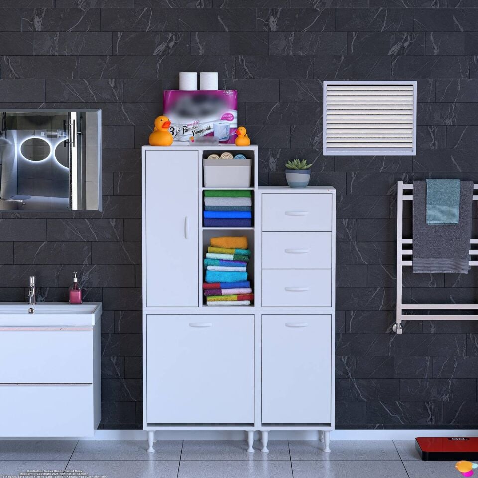 Atlas 110 cm Sepetli Çekmeceli Banyo ve Kiler Dolabı Beyaz ((60+50)x160x32,5 cm)