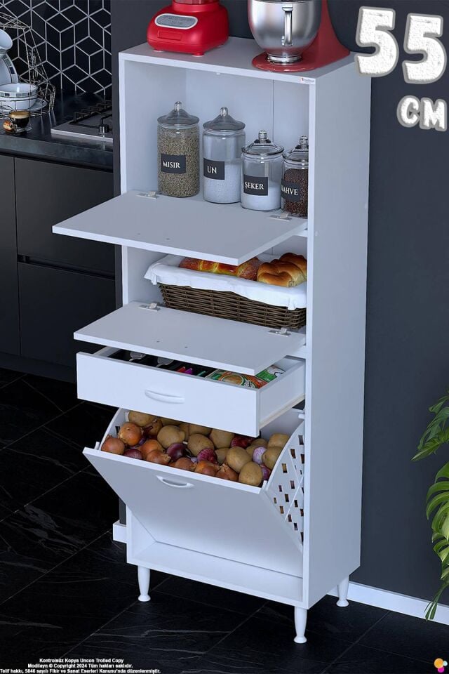 Defne 55 cm Çok Amaçlı Mutfak Bakliyat Kiler Banyo Dolabı Kahve Köşesi Sepetli Dolap 55x163x32 cm