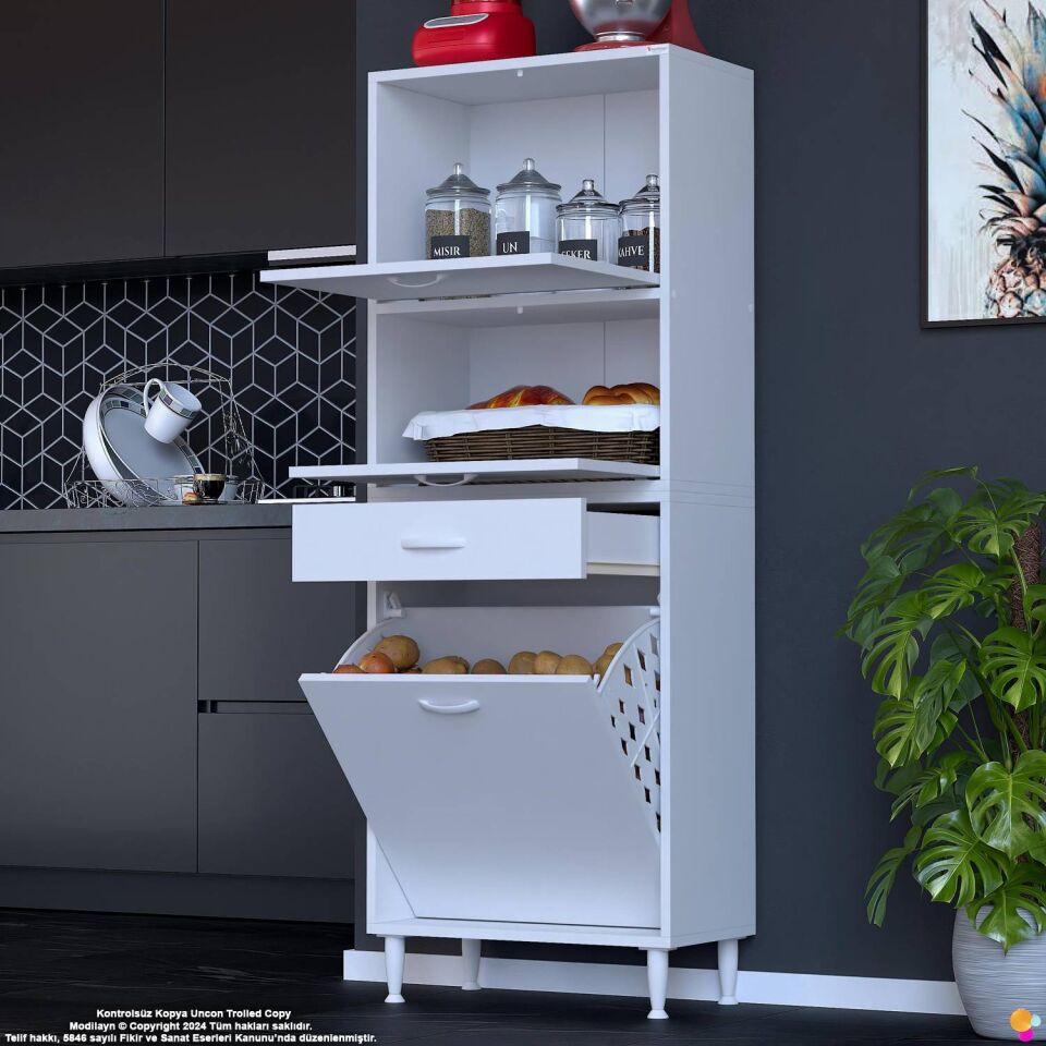 Defne 60 cm Çok Amaçlı Mutfak Bakliyat Kiler Banyo Dolabı Kahve Köşesi Sepetli Dolap 60x163x32 cm