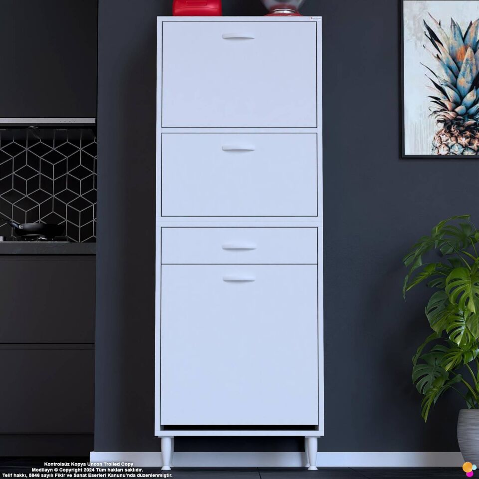 Defne 60 cm Çok Amaçlı Mutfak Bakliyat Kiler Banyo Dolabı Kahve Köşesi Sepetli Dolap 60x163x32 cm