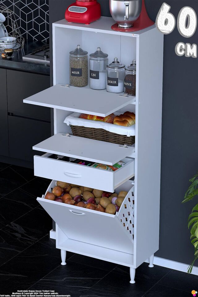 Defne 60 cm Çok Amaçlı Mutfak Bakliyat Kiler Banyo Dolabı Kahve Köşesi Sepetli Dolap 60x163x32 cm