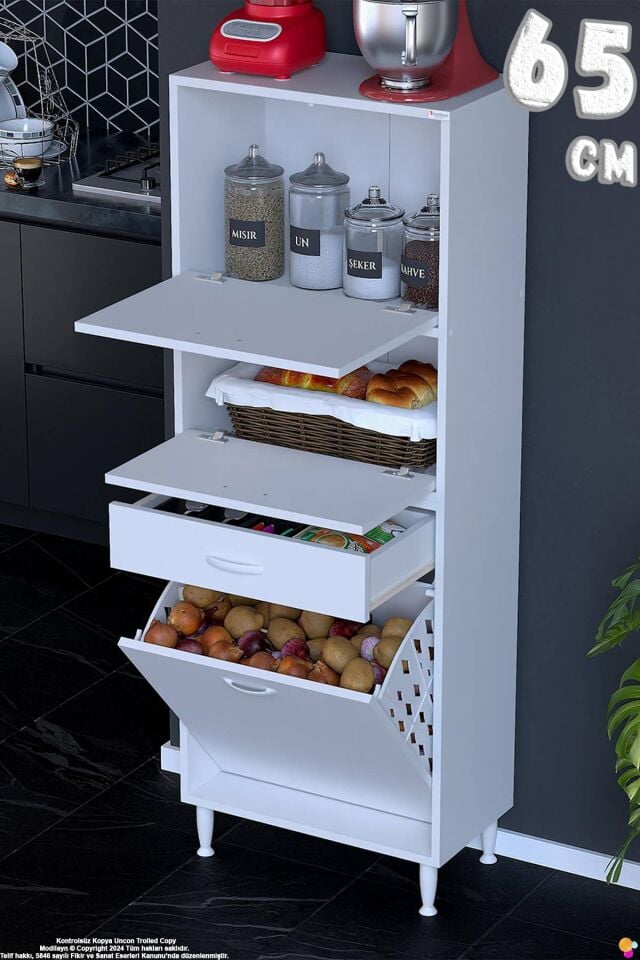 Defne 65 cm Çok Amaçlı Mutfak Bakliyat Kiler Banyo Dolabı Kahve Köşesi Sepetli Dolap 65x163x32 cm