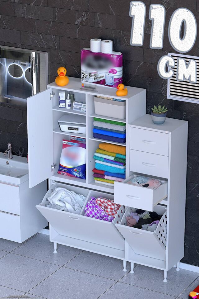 Beril 110 cm Çekmeceli/Çift Sepetli Çok Amaçlı Dikey Banyo/Kiler Dolabı Beyaz ((70+40)x160x32,5 cm)