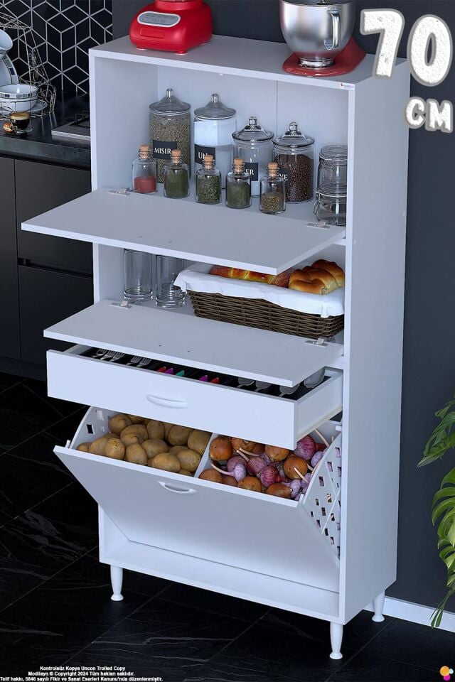 Defne 70 cm Çok Amaçlı Mutfak Bakliyat Kiler Banyo Dolabı Kahve Köşesi Sepetli Dolap 70x163x32 cm