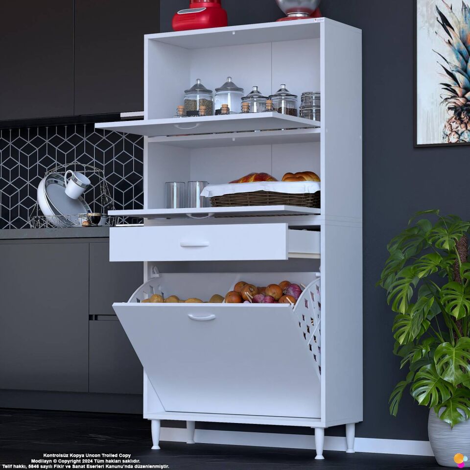 Defne 75 cm Çok Amaçlı Mutfak Bakliyat Kiler Banyo Dolabı Kahve Köşesi Sepetli Dolap 75x163x32 cm