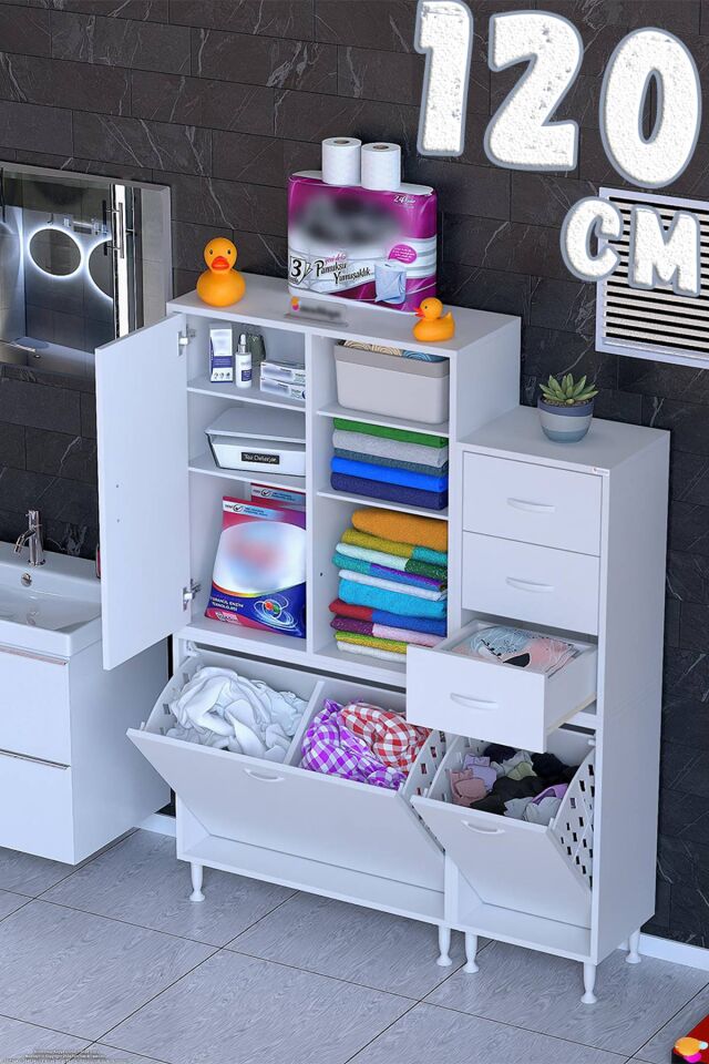 Beril 120 cm Çekmeceli/Çift Sepetli Çok Amaçlı Dikey Banyo/Kiler Dolabı Beyaz ((70+50)x160x32,5 cm)