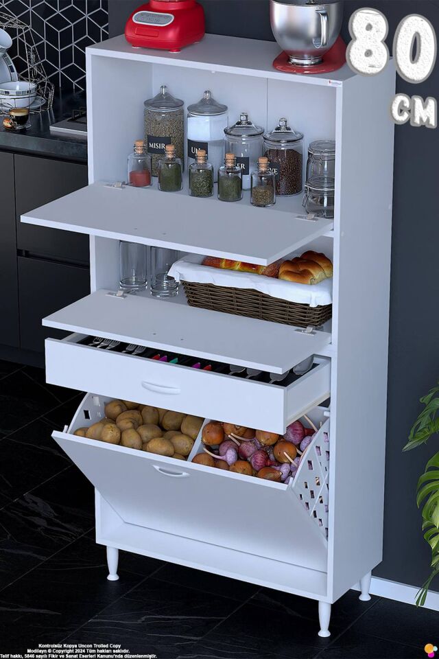 Defne 80 cm Çok Amaçlı Mutfak Bakliyat Kiler Banyo Dolabı Kahve Köşesi Sepetli Dolap 80x163x32 cm
