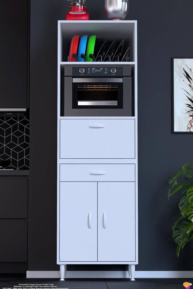 Sedef 60 cm Fırın ve Mikrodalga Dolabı Açık 2 Bölmeli Çekmeceli Mutfak Kiler Dolabı 60x195x48 cm