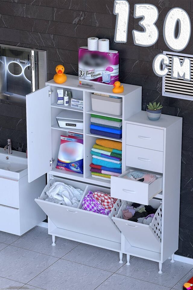 İma 130 cm Çekmeceli/Çift Sepetli Çok Amaçlı Dikey Banyo/Kiler Dolabı Beyaz ((80+50)x160x32,5 cm)
