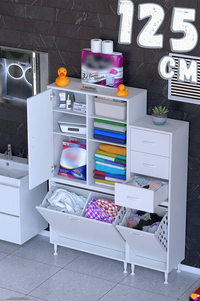 Miro 125 cm Beyaz Banyo ve Kiler Dolabı Sepetli Dolap ((85+40)x160x32,5 cm)