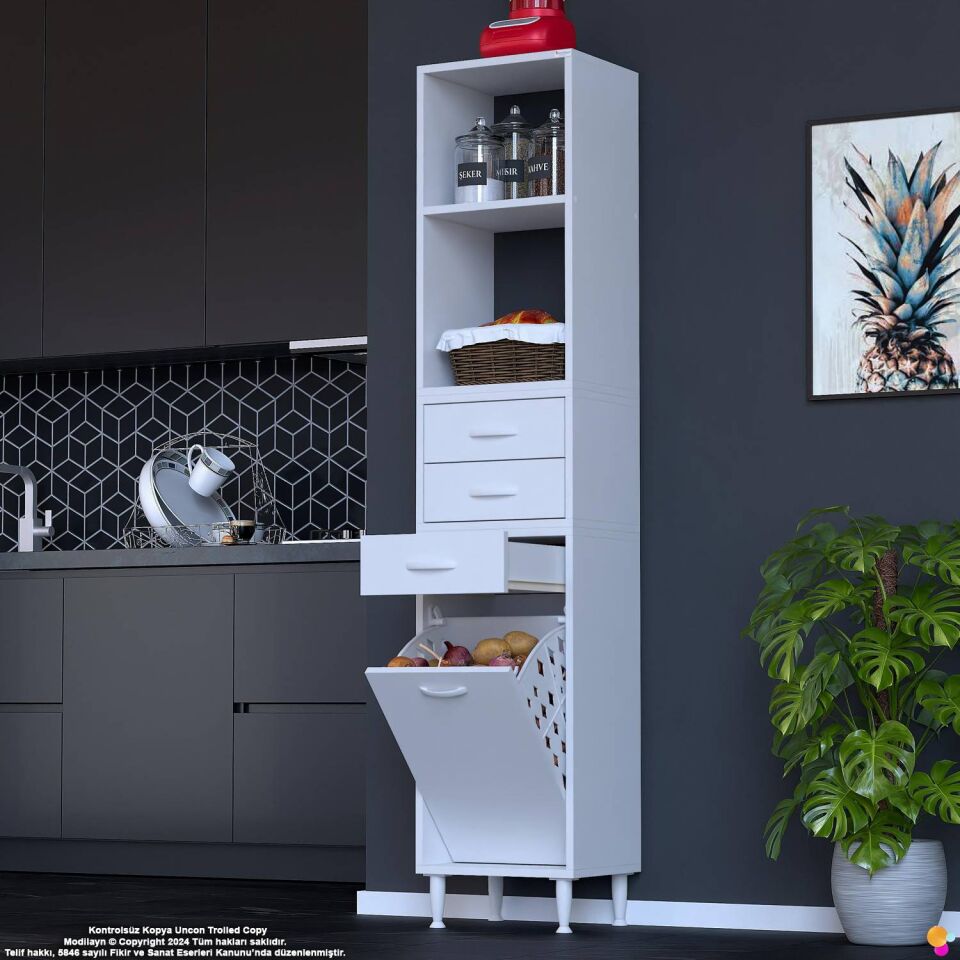 Kumsal 40 cm Beyaz Sepetli Çok Amaçlı Mutfak Dolabı 3 Çekmeceli Açık Raflı Dolap 40x194x32 cm