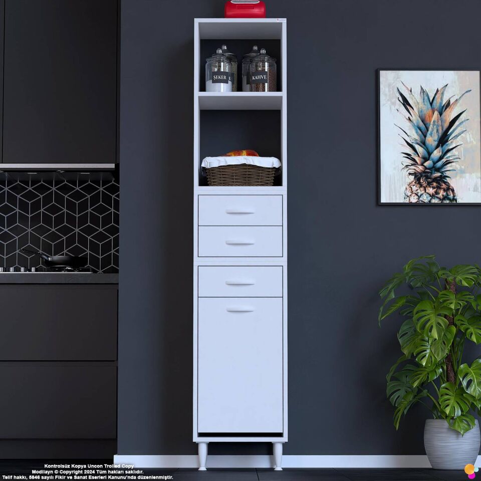 Kumsal 40 cm Beyaz Sepetli Çok Amaçlı Mutfak Dolabı 3 Çekmeceli Açık Raflı Dolap 40x194x32 cm