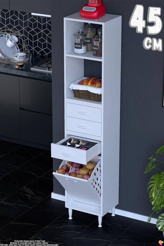 Kumsal 45 cm Beyaz Sepetli Çok Amaçlı Mutfak Dolabı 3 Çekmeceli Açık Raflı Dolap 45x194x32 cm