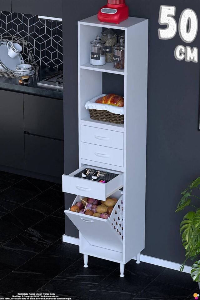 Kumsal 50 cm Beyaz Sepetli Çok Amaçlı Mutfak Dolabı 3 Çekmeceli Açık Raflı Dolap 50x194x32 cm