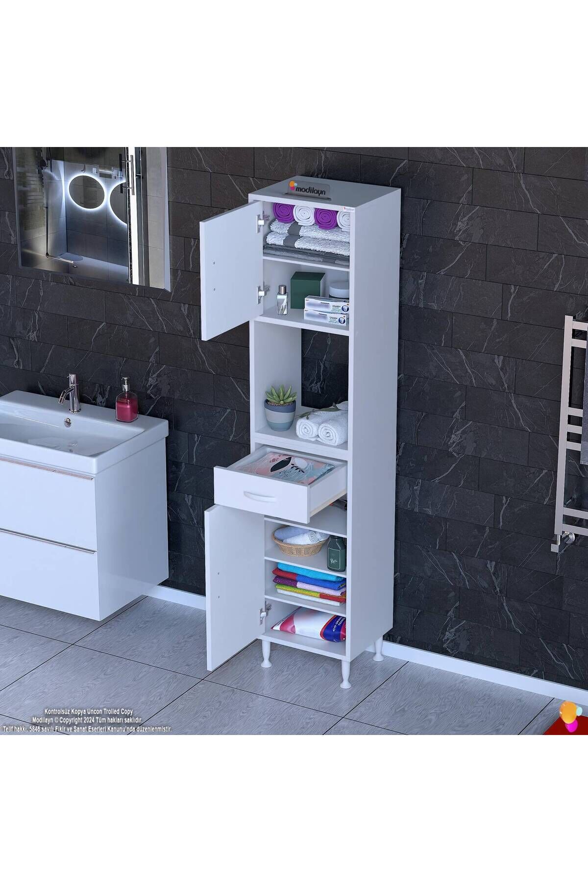 Aria 2 Kapak 4 Raflı 40 cm Beyaz Dolap 40x173x32,5 cm Boyutlarında Çok Amaçlı Beyaz Dolap