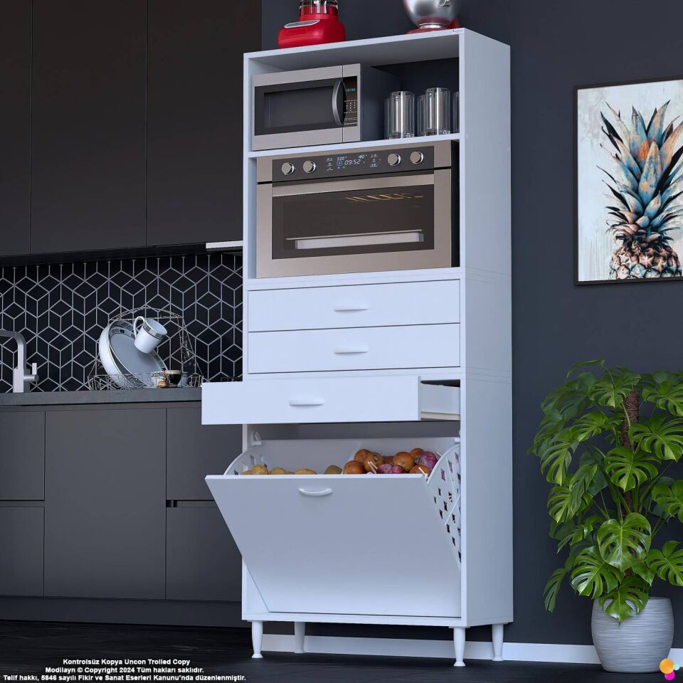 Kumsal 75 cm Fırın Dolabı Beyaz 3 Çekmeceli Sepetli Çok Amaçlı Mutfak Kiler Dolabı 75x194x32 cm