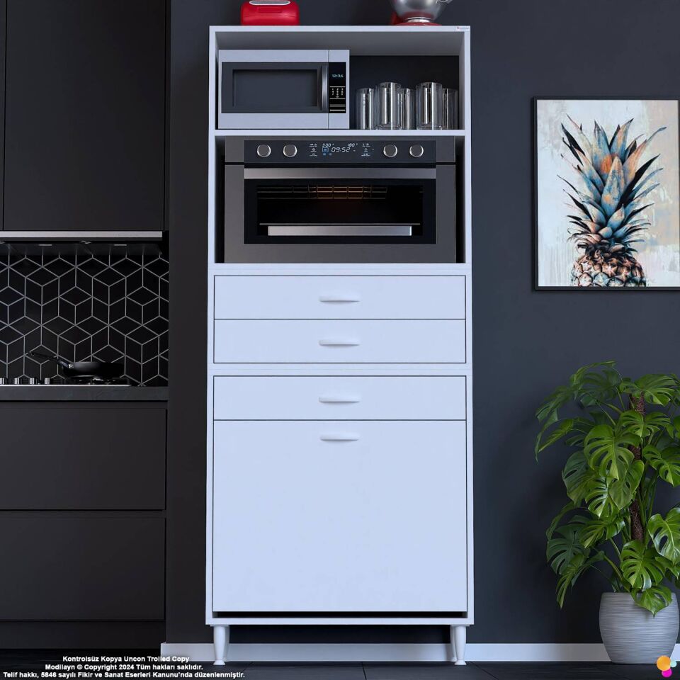 Kumsal 75 cm Fırın Dolabı Beyaz 3 Çekmeceli Sepetli Çok Amaçlı Mutfak Kiler Dolabı 75x194x32 cm