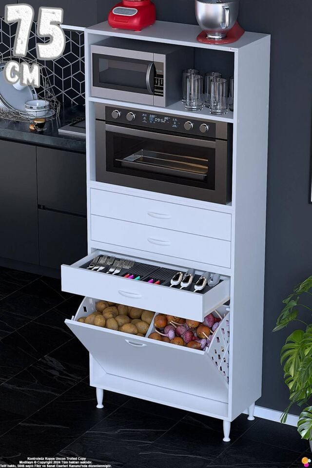 Kumsal 75 cm Fırın Dolabı Beyaz 3 Çekmeceli Sepetli Çok Amaçlı Mutfak Kiler Dolabı 75x194x32 cm