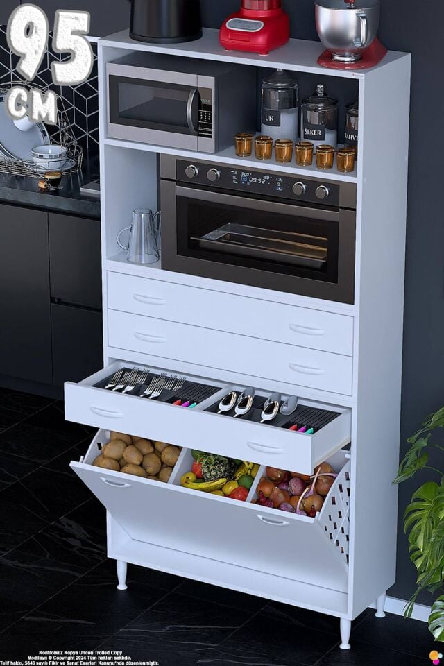 Kumsal 95 cm Fırın Dolabı Beyaz 3 Çekmeceli Sepetli Çok Amaçlı Mutfak Kiler Dolabı 95x194x32 cm