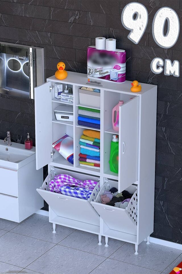 Saye 90 cm Banyo Dolabı Mutfak/Kiler Dolabı Oyuncak Sepeti Beyaz ((55+35)x160x32,5 cm)