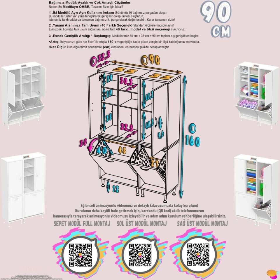 Saye 90 cm Banyo Dolabı Mutfak/Kiler Dolabı Oyuncak Sepeti Beyaz ((55+35)x160x32,5 cm)