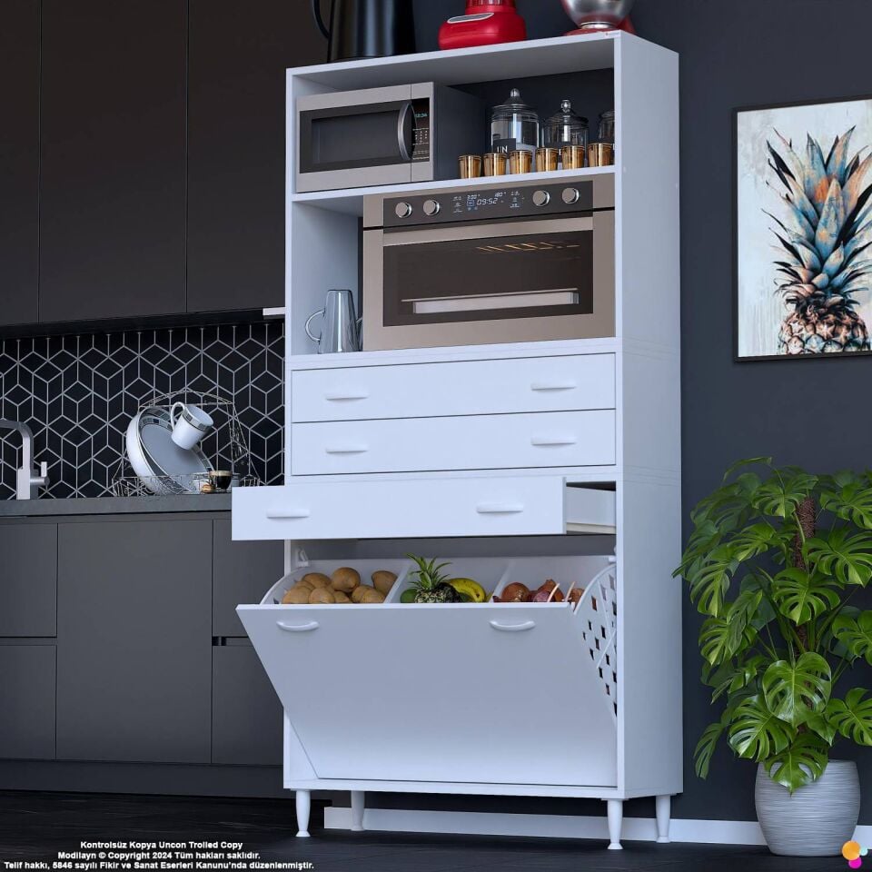 Kumsal 100 cm Fırın Dolabı Beyaz 3 Çekmeceli Sepetli Çok Amaçlı Mutfak Kiler Dolabı 100x194x32 cm